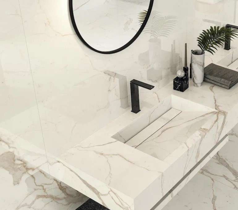 Lavabo integrato in gres porcellanato, Marvel Calacatta Prestigio