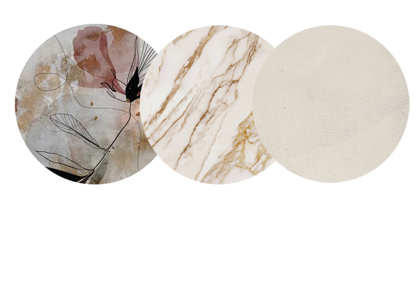 Cata da parati, marmo e finitura intonaco effetto matrice stencil decor.